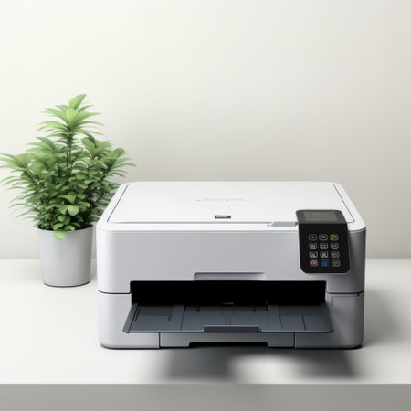 a fax printer sits in the foreground, while a vibrant plant adds a touch of nature to the background. this meticulous photorealistic still life captures the essence of neo-geo minimalism with its light gray tones and color splash effect. inspired by the works of qian xuan and joong keun lee, this high detailed image showcases a harmonious blend of technology and artistry. ai generatedの素材