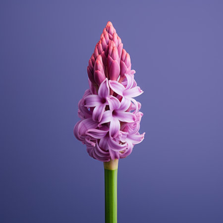 a captivating floral still life on a violet background, featuring hyper-realistic details and minimal retouching. the post-processing enhances the mesmerizing beauty of the flowers, creating a stunning visual experience. this photo embodies the enchanting aesthetics of wizardcore, with its vibrant pink and green hues. a touch of snailcore adds a whimsical element to the composition. ai generatedの素材