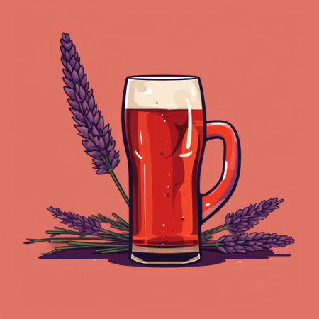 a glass of beer sits on an orange background, surrounded by lavender leaves. the colorful cartoon style of this image brings together maroon, editorial illustrations, violet, and crimson. the farm security administration aesthetics are evident in the realistic color schemes and floral still lifes. ai generatedの素材