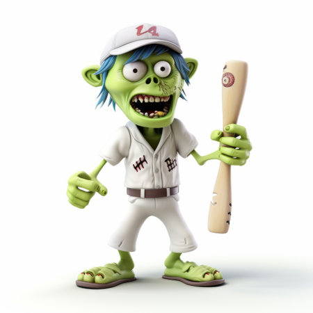 a zombie, in the style of vray, is depicted playing baseball with a bat. the image showcases grotesque caricatures with light white and light green tones. rendered in maya, this colorful caricature features a low depth of field, adding a berrypunk aesthetic to the composition. ai generatedの素材