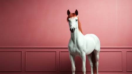 a large white horse stands in a hall with minimalist backgrounds in dark orange and pink. the horse is rendered in zbrush and bryce 3d, giving it a chrome-plated appearance. the soft-focus effect adds a touch of elegance to the overall image, with hints of pink and crimson adding a pop of color. ai generatedの素材