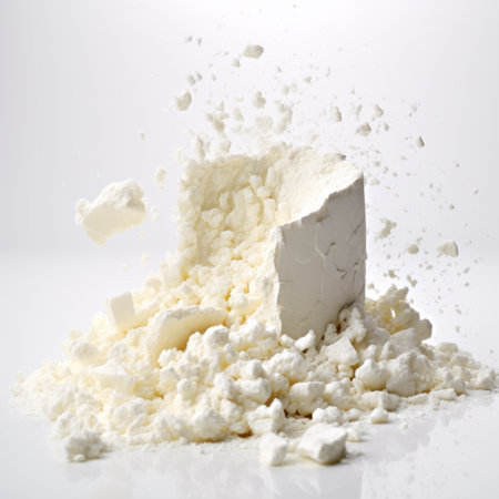 white powder floating around on a white background in a milk photo. the aggressive quilting style adds a unique touch to this highly staged scene made of cheese. the boldly fragmented composition and extreme angle create an intriguing kitchen still life reminiscent of 1000-1400 ce. ai generatedの素材