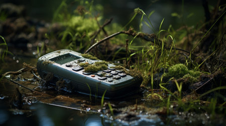 a cell phone is seen amidst lush vegetation, blending seamlessly with hyper-realistic water. this futuristic image evokes the artistic style of calculated and visionary claims made by matti suuronen. the composition captures a sense of contained chaos, reflecting the emerging adventurecore trend. additionally, ethical concerns surrounding technology are subtly hinted at in this thought-provoking photograph. ai generatedの素材