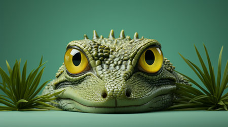 an attractive lizard, rendered in cinema4d, sits on grass in this hyper-detailed portrait by rudy siswanto. the organic sculpting brings out the strong facial expression of the lizard, with minimal retouching done to maintain its realistic appearance. ai generatedの素材