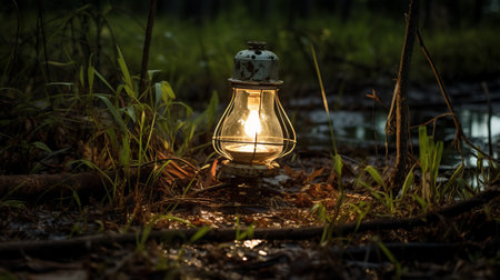 an old wind lantern hangs in the woods near a creek, exuding an outlandish energy. captured in the style of schlieren photography, this uhd image showcases the rustic charm of farm security administration aesthetics. the glowing lights of the lantern add a touch of nostalgia, reminiscent of the iconic minolta riva mini. ai generatedの素材