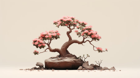 japanese bonsai tree 3d render abstract image, featuring organic stone carvings in pink and brown hues. this royalty-free artwork, inspired by traditional vietnamese flower and nature motifs, showcases the talent of artists jeeyoung lee and alberto seveso. the nature-inspired installations create a visually stunning and unique representation of a bonsai tree. ai generatedの素材