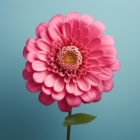 pink flower with leaves on a vibrant blue background, featuring detailed and layered compositions in the style of vray tracing. this artwork by mike campau showcases vibrant color usage and a simplified yet captivating aesthetic, reminiscent of the monochromatic masterpieces by flora borsi. ai generatedの素材