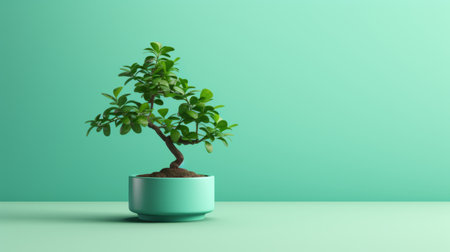 a natural house plant in a pot is showcased in this 3d rendering. the blue background adds a touch of tranquility, while the japanese-inspired imagery style brings a sense of elegance. the turquoise and green colors create a vibrant and refreshing look. the vignetting effect adds depth, and the bold and busy composition captures attention. this image is perfect for those interested in collecting andの素材