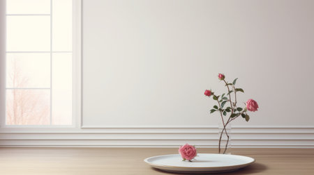 three pink roses arranged in a flat plate, placed near a window. the photo showcases a minimalist surrealism style, with a touch of classic japanese simplicity. the extravagant table settings and physically based rendering add depth to the image. inspired by joel robison's work, this photo embodies anti-clutter and minimalist designs, featuring a color palette of light gray and red. ai generatedの素材