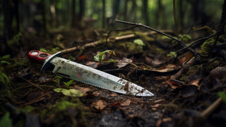 a large knife rests on top of the leaves in the dead woods, creating a striking image with a tilt-shift effect. the photo features teethcore and andreas levers' style, incorporating torn and distressed edges. gerhard gluck's traditional techniques are utilized to enhance the overall aesthetic. ai generatedの素材