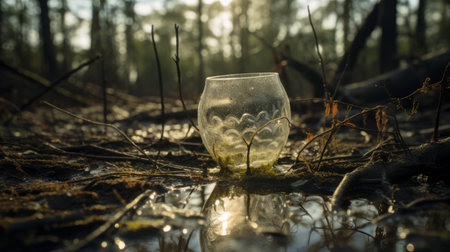 a plastic bottle, reminiscent of the artistic styles of mikko lagerstedt and ren lalique, rests on the ground in a swamp. bathed in golden light, the bottle's presence contrasts with the organic contours of the surrounding environment. this high-definition image captures the interplay between the twisted branches, glass, and ceramics, creating a visually captivating scene. ai generatedの素材