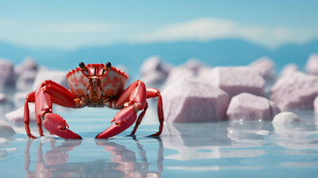 a small crab is seen standing next to rocks in the water. the photo is rendered in the style of cinema4d, inspired by the works of david nordahl and nicholas roerich. the color palette includes light red and light magenta, creating a visually captivating scene. this national geographic-inspired photo showcases the beauty of nature and serves as a concept art piece by cranberrycore. ai generatedの素材