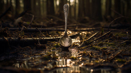 silver spoon in the mud at sunset, capturing the essence of fairytale-inspired woodland imagery. this atmospheric portrait showcases hidden meanings within the forestpunk aesthetic, enhanced by the delicate water drops on the spoon. the whistlerian influence and the use of a leica i camera add a touch of vintage charm to this enchanting composition. ai generatedの素材