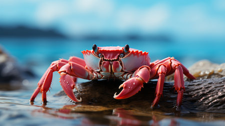 a crab perched on rocks by the ocean, depicted in a realistic and hyper-detailed style. the crab is light red and pink, rendered using photo-realistic techniques in cinema4d. the unmodulated color adds vibrancy to the bold lines, resulting in a visually striking image. this photo can be found on sketchfab. ai generatedの素材