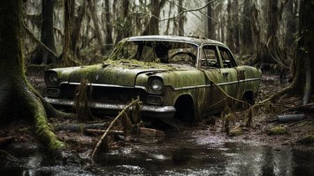 an old car, representing urban decay, is captured in a swamp in this photograph. the realistic and emotive style of the portrait highlights the gloomy atmosphere. the creased, crinkled, and wrinkled details add to the eerie realism, while also conveying an environmentally inspired message. ai generatedの素材