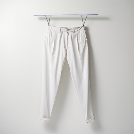 white pair of pants, inspired by yasuhiro nightow's style, hang on a hanger. the soft, blended colors create a light and minimalistic look. with minimal retouching, the pants resemble the artistic influences of pontormo's tondo and the campcore aesthetic. ai generatedの素材