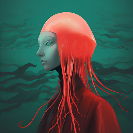one world art presents lynn smc's hauntingly beautiful illustrations featuring science and fictitious characters of the web. this seapunk-inspired artwork showcases dreamlike portraiture with soft color blending in a gothic and tenebrous style. the captivating use of red and cyan creates a mesmerizing visual experience. ai generatedの素材