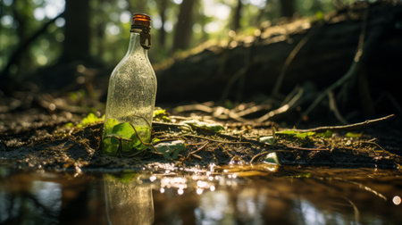 a bottle of water, in the style of light art, is placed on the forest floor. this captivating image, captured with a canon eos 5d mark iv, showcases the beauty of recycled materials. the uhd image highlights the translucent water, while the quirky visual storytelling adds an intriguing touch. the sparkling water reflections further enhance the enchanting atmosphere of the photo. ai generatedの素材
