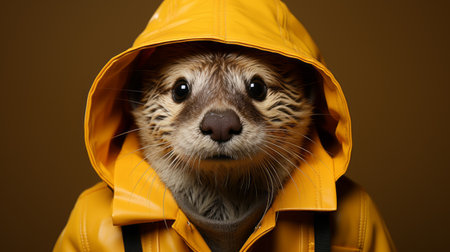 a photo of a leopard lemur, sheep, dolphin, and kitten, captured in a dark yellow environmental portraiture style. the image showcases hyper-realistic animal illustrations amidst depictions of inclement weather. the composition incorporates elements of stereotype photography, dutch marine scenes, and a color palette dominated by yellow and beige tones. ai generatedの素材