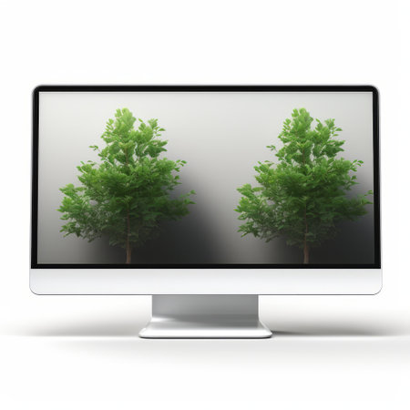the monitor on the wall displays a computer-generated artwork featuring the branches of a tree with leaves in the foreground. this innovative page design showcases a matte photo with reflective surfaces against a white background. this associated press photo captures the beauty of nature through prerendered graphics. ai generatedの素材