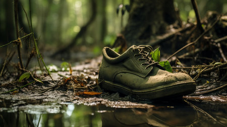 a pair of mud-covered boots sits in a puddle, embraced by lush greenery, evoking the mysterious ambiance of a jungle. crafted with eco-friendly materials and meticulous precision, these boots embody the essence of working-class empathy. captured with a fujifilm natura 1600 camera, the image showcases the beauty of nature in a high-resolution 3840x2160 format. the boots' design features bentwood elements, adding a touch of uniquenessの素材