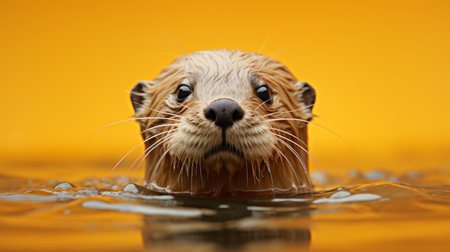 a black and white photo of a playful otter swimming gracefully against an orange background. this close-up image captures the intensity of the otter's expressions, reminiscent of the styles of sacha goldberger and miki asai. the photo has a crisp and clean look, showcasing the cute and colorful nature of the otter. ai generatedの素材