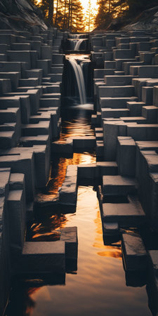 a photo of a dark water landscape with falling rocks and a water fall. in the foreground, there is a large stone circle. the sunset casts a dark orange and light gold hue on the scene. the image captures the abstracted architecture style with its brutalist architecture, zigzags, and squares. shot in large format hd, the shallow depth of field adds to the melting potsの素材