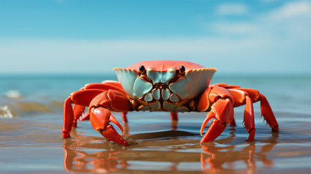 a crab walks gracefully against the backdrop of shimmering water. this captivating photograph, reminiscent of mike campau's style, showcases bold color fields and hyperrealistic wildlife portraits. the combination of light red and azure hues adds a striking visual impact. shot on 70mm film, this image captures the essence of nature's beauty, akin to the works of paul corfield, with a touch of the unreal engineの素材