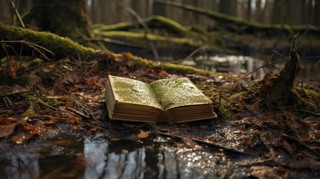 a broken book rests on its side amidst the vibrant nature scenes of a forest, reminiscent of the luminosity found in dutch golden age paintings. this high-quality photo, captured with provia film, showcases the intricate patterns of nature, evoking a sense of tranquility and beauty. a captivating image that could grace the pages of national geographic. ai generatedの素材