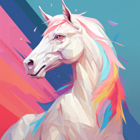 unicorn animation featuring hyper-realistic animal illustrations on an abstract background of red, blue, yellow, and orange. the spirited portraits of the unicorn are depicted in a bold, manga-inspired style with hints of light pink and light aquamarine. the artwork showcases elements of hurufiyya and post-processing techniques, resulting in a captivating blend of light white and light magenta hues. ai generatedの素材