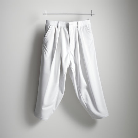 a white hanging pants shirt on a hanger, resembling hyperrealistic sculptures. the minimal retouching enhances its smooth and polished appearance. the design is inspired by mcdonaldpunk and deconstructed tailoring, featuring monochromatic color schemes and layered gestures. ai generatedの素材