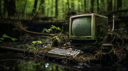 computer propped up in post-apocalyptic woods, featuring environmental awareness. shot on fujifilm natura 1600, the soggy scene captures an internet-inspired, green ambiance reminiscent of the 1980s. ai generatedの素材