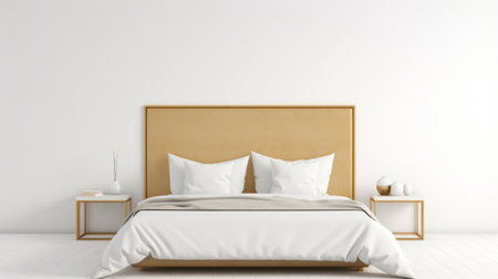 a white bedroom bed with a wooden headboard and nightstand, accompanied by wooden lamps. this realistic 3d render showcases a sleek metallic finish in a minimalist color field. the style incorporates gold and beige elements, creating a clean-lined and elegant aesthetic. the light orange and gold accents add a touch of warmth to the overall design. ai generatedの素材