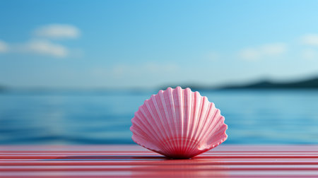 seashells on the balcony, featuring a minimalist background in light red and pink hues. the calm waters in the background add to the serene atmosphere. this stunning 3d rendering, created by john wilhelm using cinema4d, showcases a single striped seashell as the focal point. ai generatedの素材