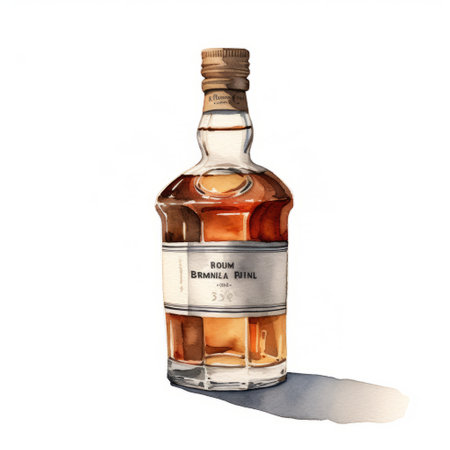 a portrait painting of a scotch whisky bottle on a white background, featuring flat shading and the vibrant colors of kodak elite chrome extra film. the artwork is created using ink and wash techniques, inspired by the american barbizon school. the painting, rendered in maya, captures the honest and raw essence of the subject, with crisp details. ai generatedの素材