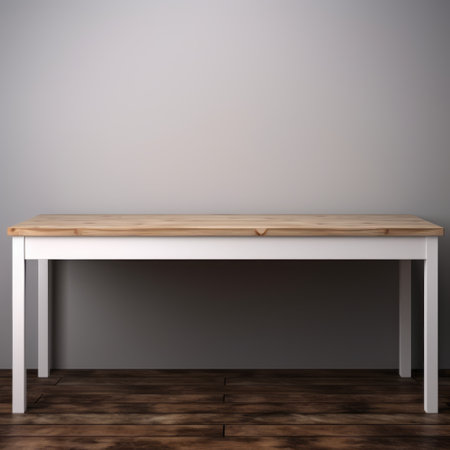 3d table with a wooden counter top, featuring a matte background in light white and gray. this creative commons attribution image showcases the american tonalism style, enhanced with darktable processing. the elongated design and physically based rendering add depth and realism to the scene. ai generatedの素材