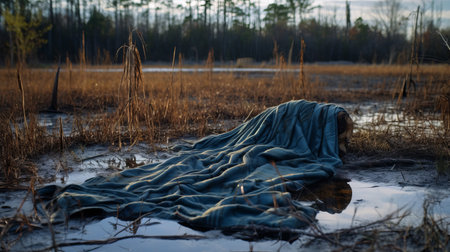 blue cloth covering the floor of the dry lily marsh, capturing the essence of new american documentary photography. this image showcases elements of dystopian realism, with a slumped and draped aesthetic. influenced by southern gothic and forestpunk styles, it creates a captivating environmental portrait with a striking depth of field. ai generatedの素材