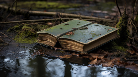 an old book, in the style of woodland goth and nature-inspired camouflage, lies on the side of a puddle. the book appears to be dissected, showcasing the artistic technique of barthel bruyn the elder. the photograph captures the essence of emotional naturalism, with the book appearing soggy from the water in the puddle. (55 words), ai generatedの素材