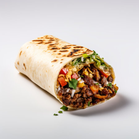 mexican burrito with vegetables on a white background, captured with the panasonic lumix s pro 50mm f/1.4 lens. this photo showcases realistic detailing and vibrant colors. the smooth and curved lines of the burrito add a lively touch to the composition. inspired by the works of jean-francois millet, this image combines elements of chinapunk and the culinary artistry of toms barcel. ai generatedの素材
