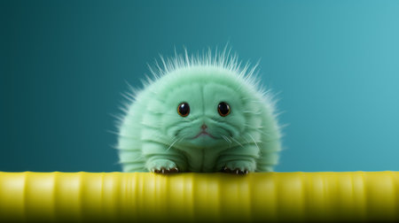 a little green creature is captured in a national geographic photo, nestled between two tubes. the realistic hyper-detailed rendering showcases its cute and colorful furry art. the light azure background adds a touch of tranquility, reminiscent of a persian miniature. ai generatedの素材