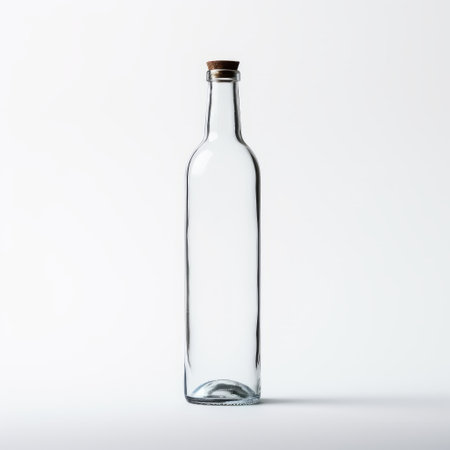 transparent glass bottle on a white background, resembling the artistic style of scar domnguez. this minimal retouched image by wiesaw wakuski showcases fine lines and a mediterranean-inspired aesthetic. with a resolution of 32k uhd, the photograph captures the essence of quadratura. ai generatedの素材