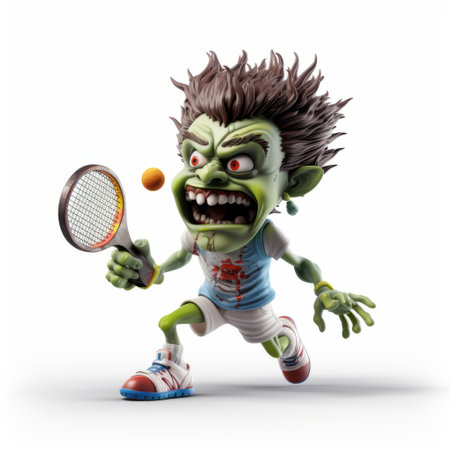 a zombie, with a strong facial expression, is depicted playing tennis in a grotesque caricature style reminiscent of vray. holding a tennis racket, the zombie's appearance is reminiscent of miki asai's spiky mounds and the goblin academia of katsuhiro otomo. ai generatedの素材