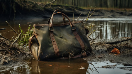 a bag lies in a puddle by the river, captured in a darktable processed photo. the image showcases rusty debris and intricate hunting scenes, exuding a masculine and industrial vibe. the bag's design reflects elements of product design and is made of unprimed canvas and leatherhide. ai generatedの素材
