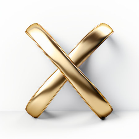 a golden x with gold letters on a white background, featuring clever juxtapositions and modern jewelry design. the image showcases a low depth of field, highlighting the rounded forms and hard-edge aesthetic. the unpolished authenticity of the piece is reminiscent of the style often seen in zbrush creations. ai generatedの素材