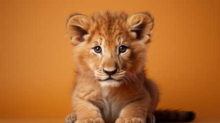 a lion cub in its natural habitat, captured in a minimal retouching style. the image showcases the cub's vibrant light orange and amber fur, with close-up shots highlighting its playful character and strong facial expression. the tabletop photography technique enhances the vibrant color gradients, creating a visually captivating image. ai generatedの素材