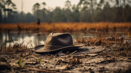 an old hat rests atop the muddy ground in a desolate area, captured through the lens of a nikon d850 camera. this photograph exudes a southern gothic-inspired atmosphere, showcasing pristine naturalism and tonalist genius. with its character-driven composition and folknave elements, this image embodies timeless artistry. ai generatedの素材