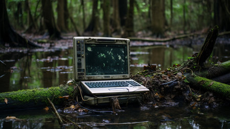 a laptop submerged in muddy floodwaters amidst the dense jungle, captured in the style of stark naturalism. this striking image combines elements of computer-aided manufacturing, rollei retro 400s film, nature-inspired installations, neo-geo minimalism, woodland goth aesthetics, and the captivating essence of national geographic photography. ai generatedの素材