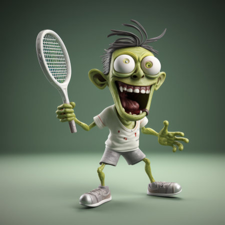 a little zombie, portrayed in a grotesque caricature style, is depicted in this 3d render. holding a tennis racket, the zombie's lively movement and facial expressions add to the overall realism and accuracy of the artwork. this unique creation combines elements of flickr, flat brushwork, and goblin academia to create a captivating and visually striking image. ai generatedの素材