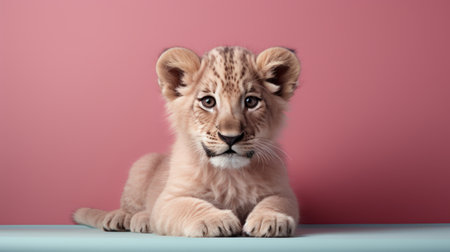 a lion cub, captured in a 3d rendering, is seen lying on a pink background. the image is reminiscent of wet plate negatives, with focus stacking and minimal retouching. the bold lines and vibrant colors add to the overall appeal. this photo combines elements of wimmelbilder, macro photography, and playful still lifes. ai generatedの素材