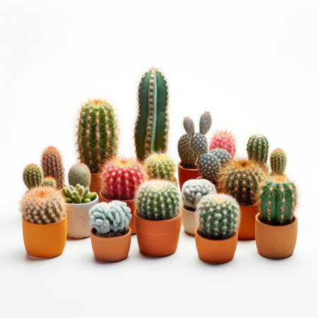 various cactus plants in pots are displayed on a white background. this composition draws inspiration from artists such as doug hyde and matthias haker, incorporating elements of consumer culture critique. the use of fabric adds a contemporary touch, while the candy-coated, pixelated aesthetic creates a unique visual appeal. the overall style of the image can be described as a fusion of hispanicore influences. ai generatedの素材